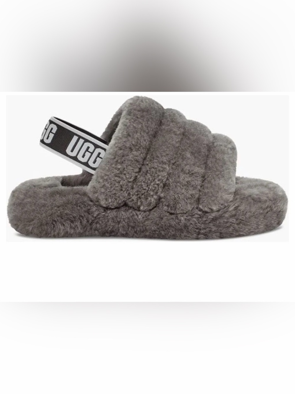 UGG Plush Shearling Slide with Branded Elastic Strap - Grey